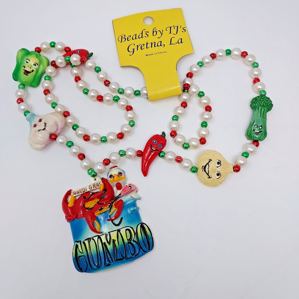 Mardi Gras Beads Christmas Red Green Chicken Shrimp Gumbo Vegetables NWT 36"